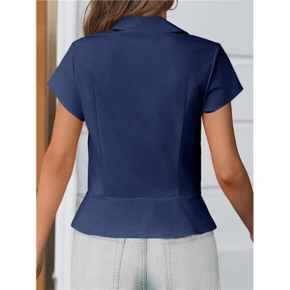 Womens Short Sleeve Button Down Blouse Slim Fit White Collared Work Shirt - Picture 6 of 7